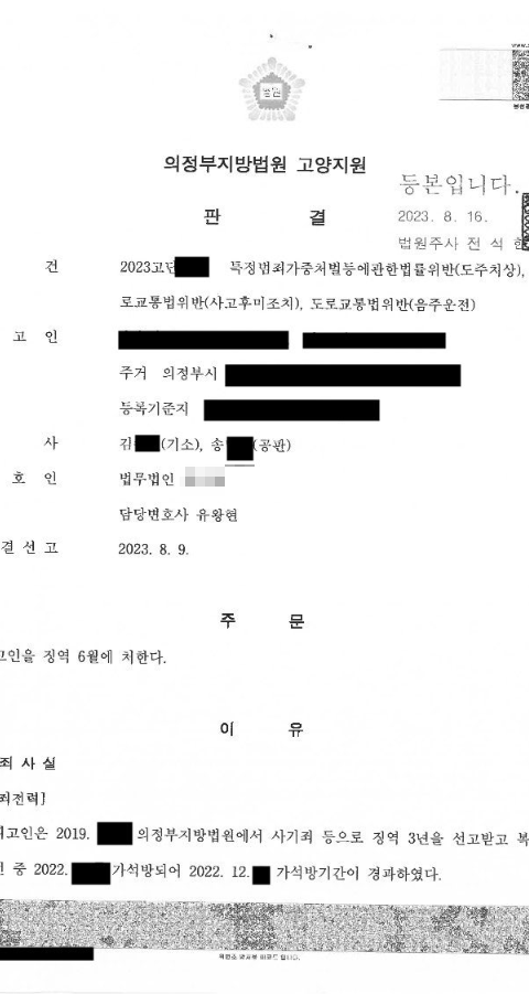 가석방 후 누범기간 중 음주뺑소니 사건에서 징역 6개월이 선고된 사례